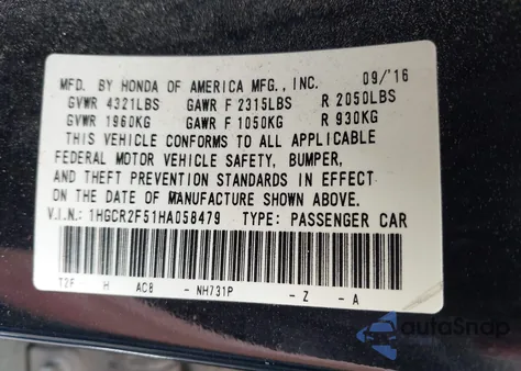 2017 Honda Accord Sport из США, поврежденный, VIN 1HGCR2F51HA058479